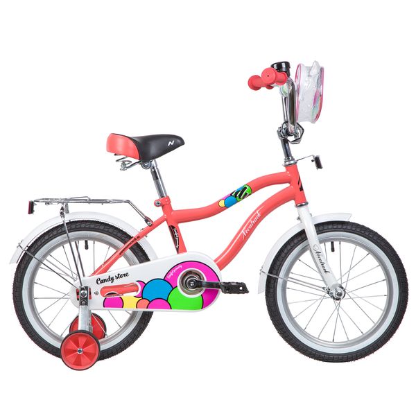 NOVATRACK Велосипед NOVATRACK 16", CANDY, коралловый, полная защита цепи, тормоз нож., сумочка на руль, крылья