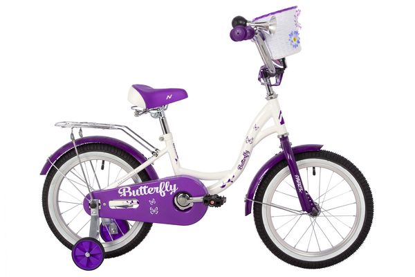 NOVATRACK Велосипед NOVATRACK 16" BUTTERFLY белый-фиолетовый, тормоз нож, крылья и багаж хром, корз, полн защ.