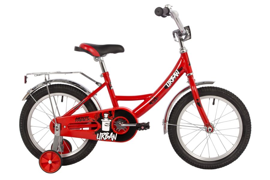 NOVATRACK Велосипед NOVATRACK 16" URBAN красный, полная защита цепи, тормоз нож., крылья и багажник хром.