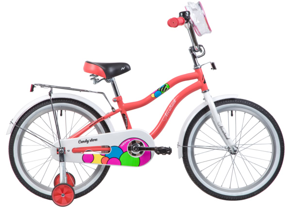 NOVATRACK Велосипед NOVATRACK 20", CANDY, коралловый, полная защита цепи, тормоз нож., сумочка на руль, крылья