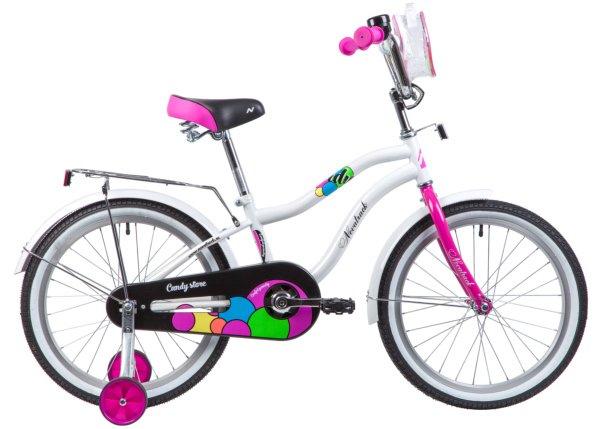 NOVATRACK Велосипед NOVATRACK 20", CANDY, белый, полная защита цепи, тормоз нож., сумочка на руль, крылья и ба