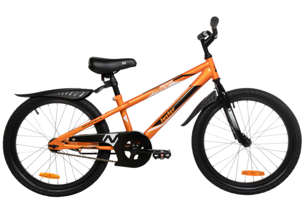 NOVATRACK Велосипед NOVATRACK 20", JUSTER, оранжевый, тормоз ножной, защита А-тип, пластиковые крылья