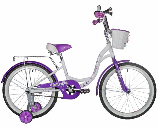 NOVATRACK Велосипед NOVATRACK 20" BUTTERFLY, белый-фиолетовый, тормоз ножной, крылья и багажник
