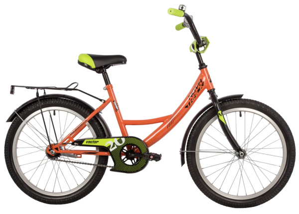 NOVATRACK Велосипед NOVATRACK 20" VECTOR оранж, защ А-тип, тормоз нож., крылья и багаж чёрн.,без доп колес