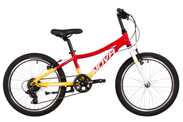NOVATRACK Велосипед NOVATRACK 20" KATRINA, алюм.рама, жёлтый-красный, 6-скор, TY21/TS38, V-brake